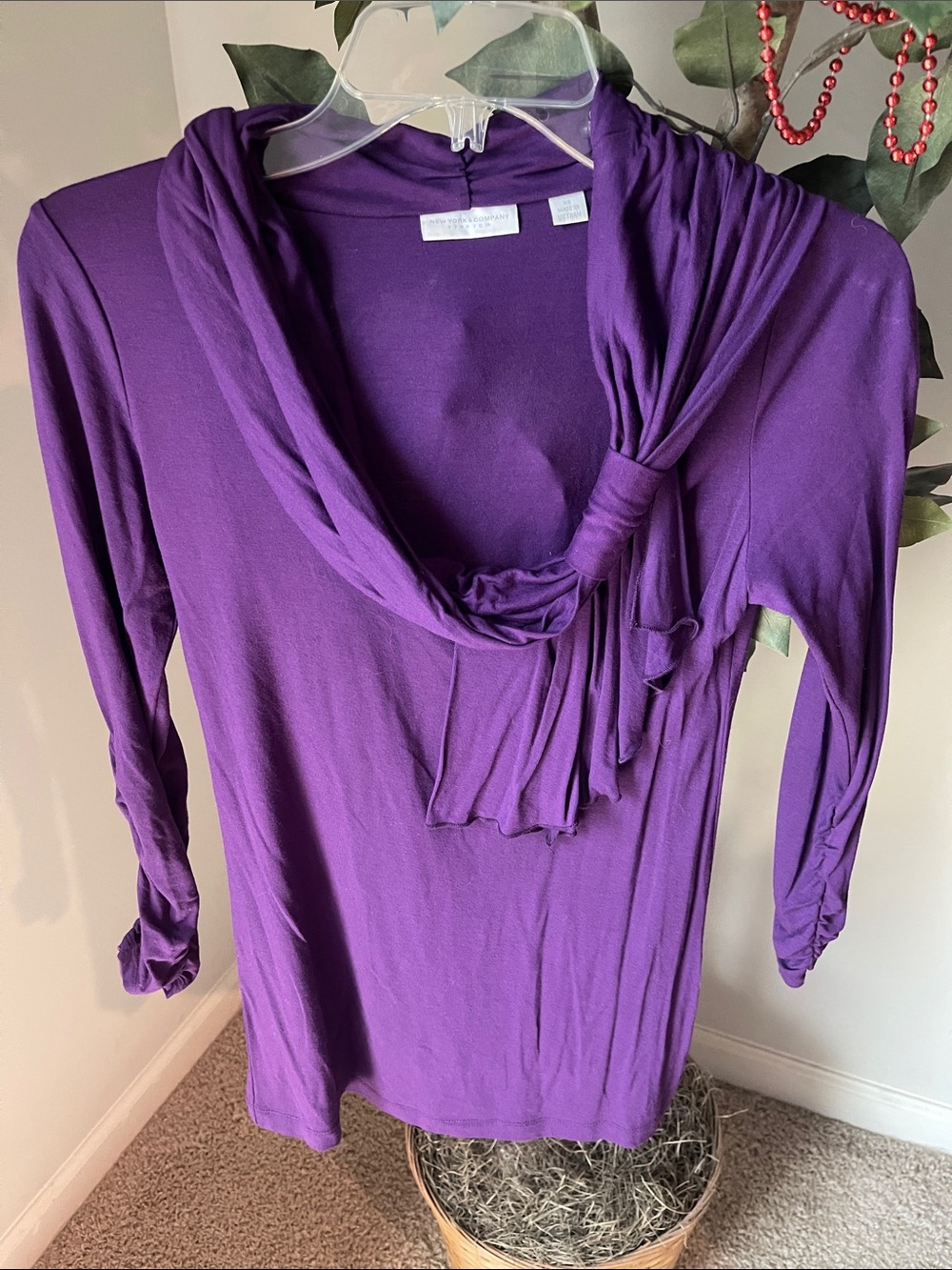 New York & Company Purple Draped Knot-Detail Long Sleeve Top